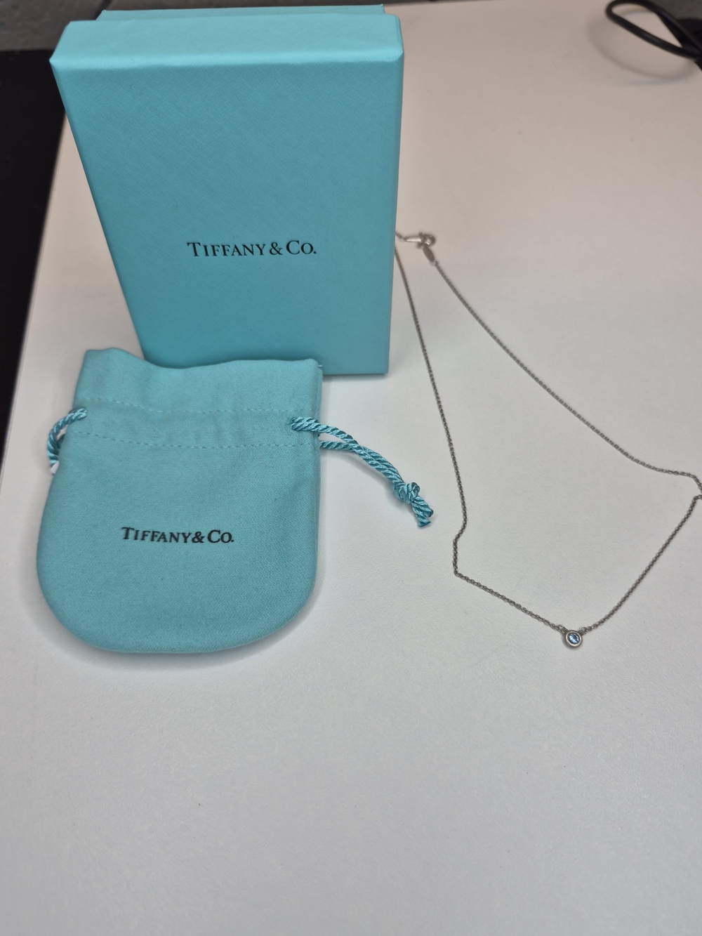 Tiffany & Co. Elsa Peretti .06 AQUAMARINE Sterling Silver 16" Pendant W/ Box